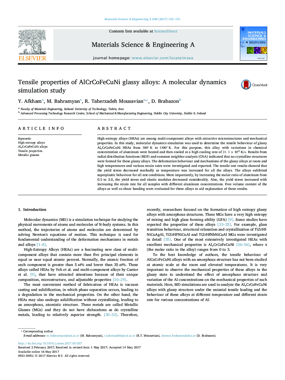 Tensile properties of AlCrCoFeCuNi glassy alloys: A molecular dynamics simulation study