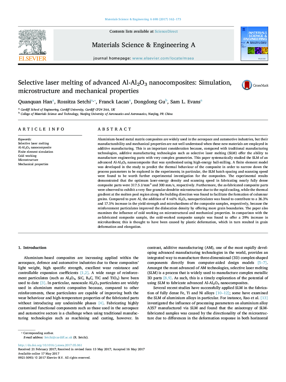 Selective laser melting of advanced Al-Al2O3 nanocomposites: Simulation, microstructure and mechanical properties