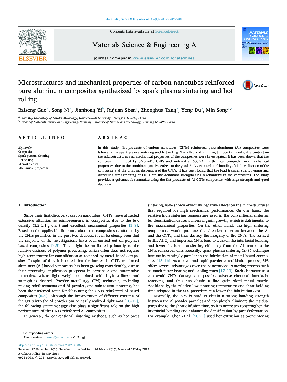 Microstructures and mechanical properties of carbon nanotubes reinforced pure aluminum composites synthesized by spark plasma sintering and hot rolling