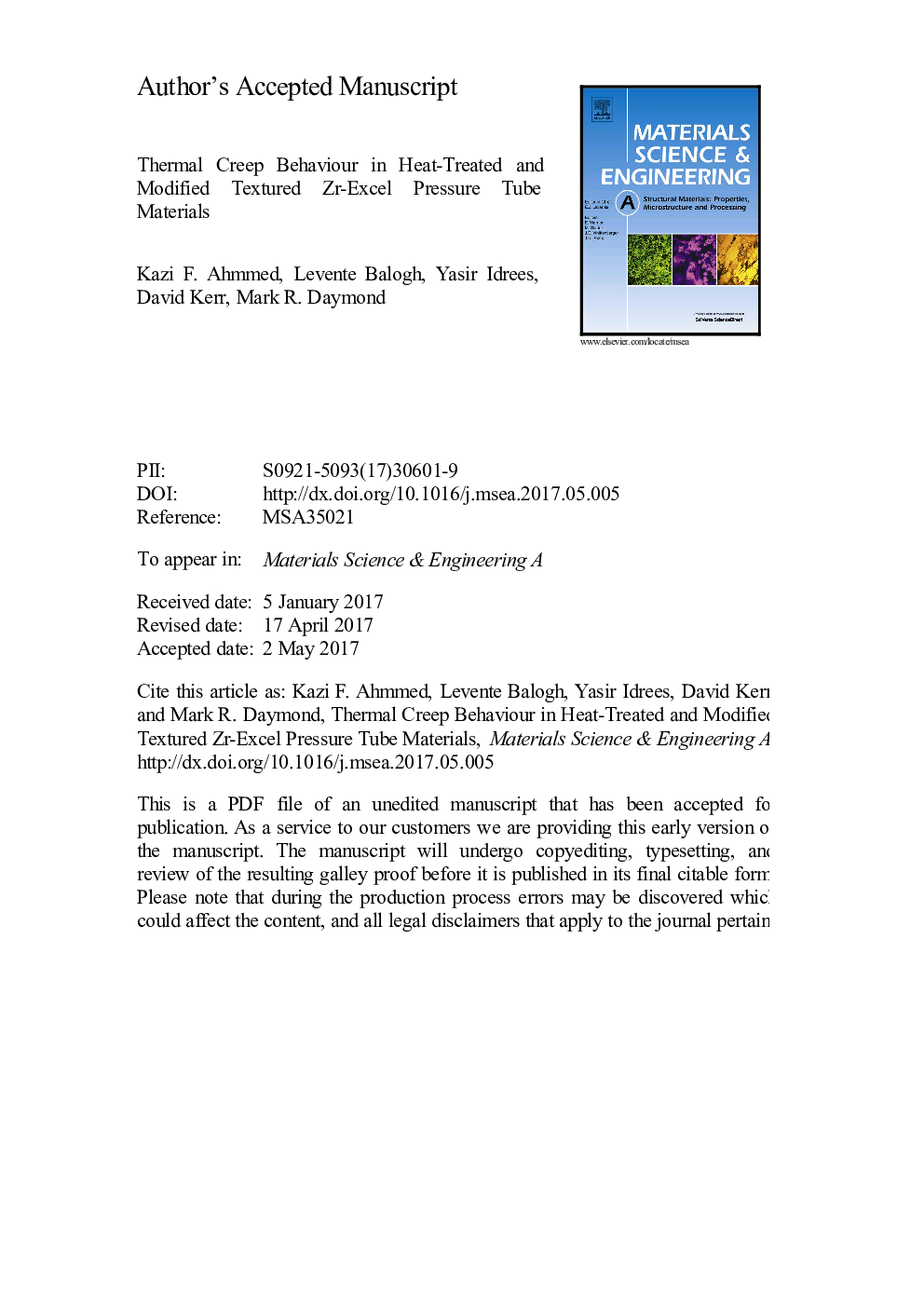 عکس صفحه اول مقاله: Thermal creep behavior in heat-treated and modified textured Zr-Excel pressure tube material Thermal creep behavior in heat-treated and modified textured Zr-Excel pressure tube material