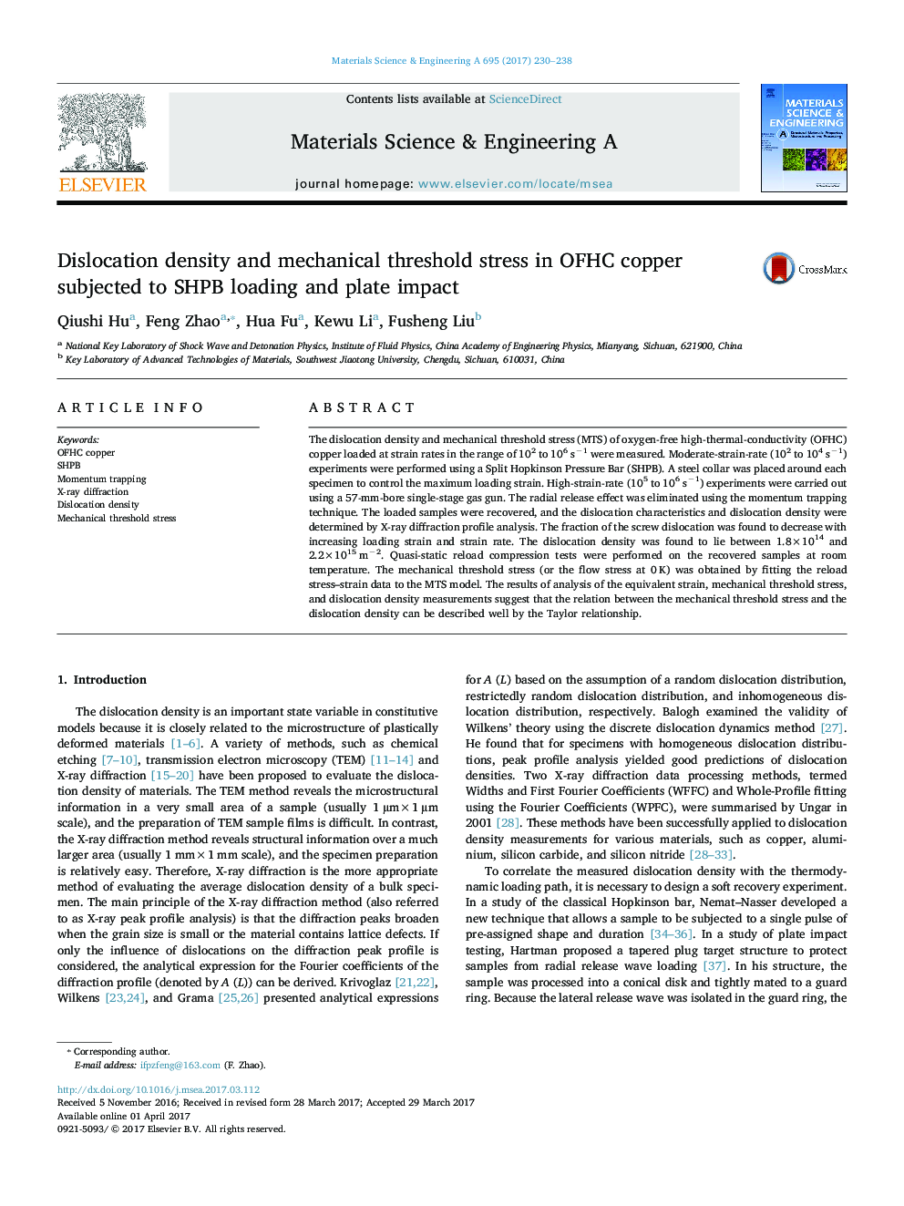 Dislocation density and mechanical threshold stress in OFHC copper subjected to SHPB loading and plate impact