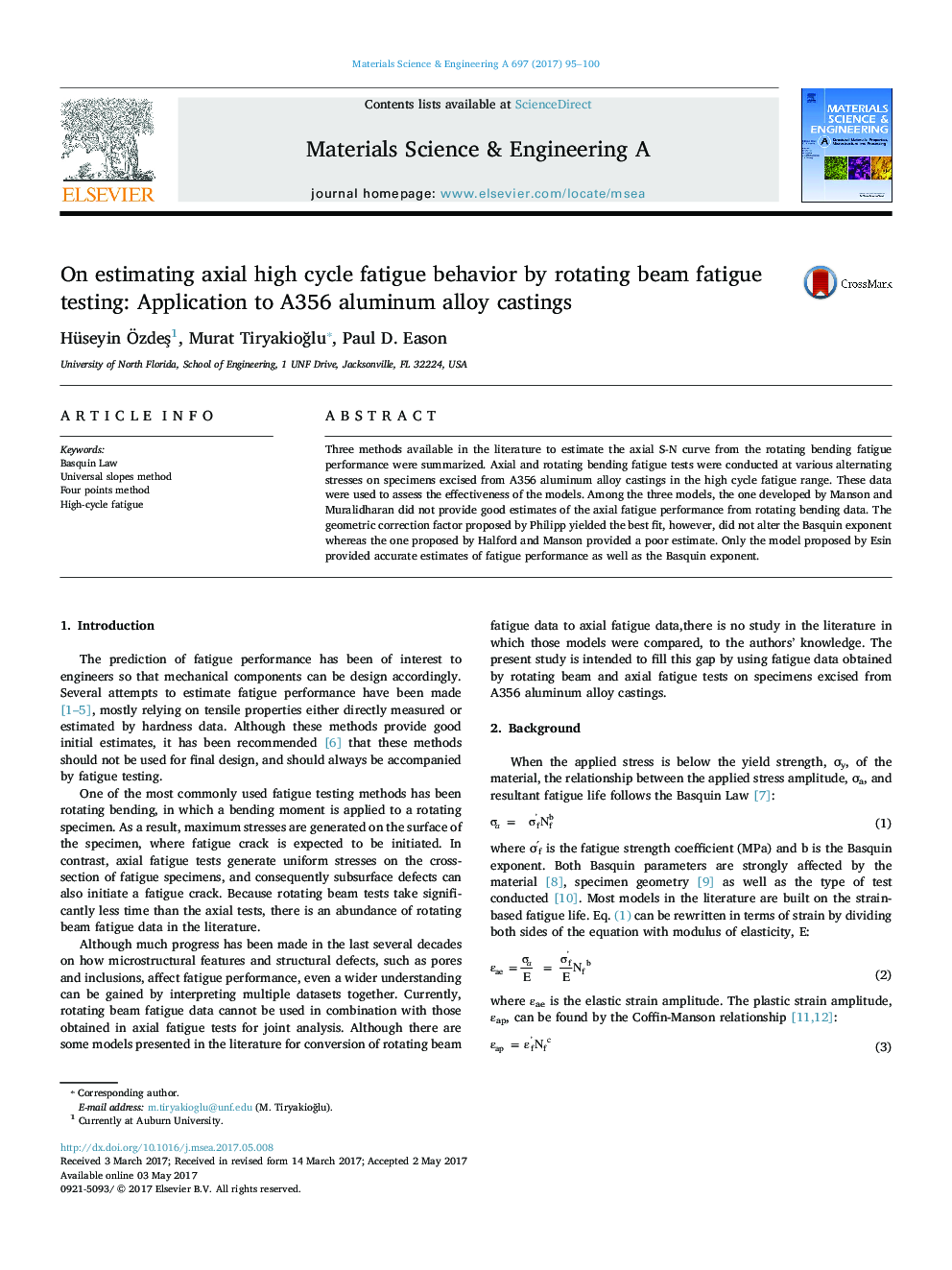 On estimating axial high cycle fatigue behavior by rotating beam fatigue testing: Application to A356 aluminum alloy castings