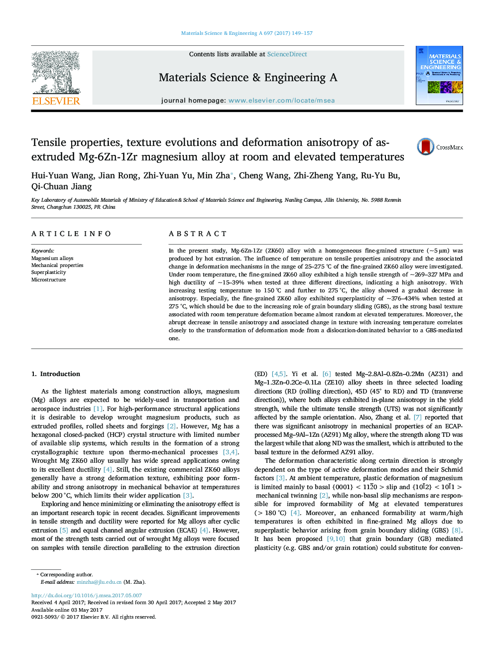 Tensile properties, texture evolutions and deformation anisotropy of as-extruded Mg-6Zn-1Zr magnesium alloy at room and elevated temperatures