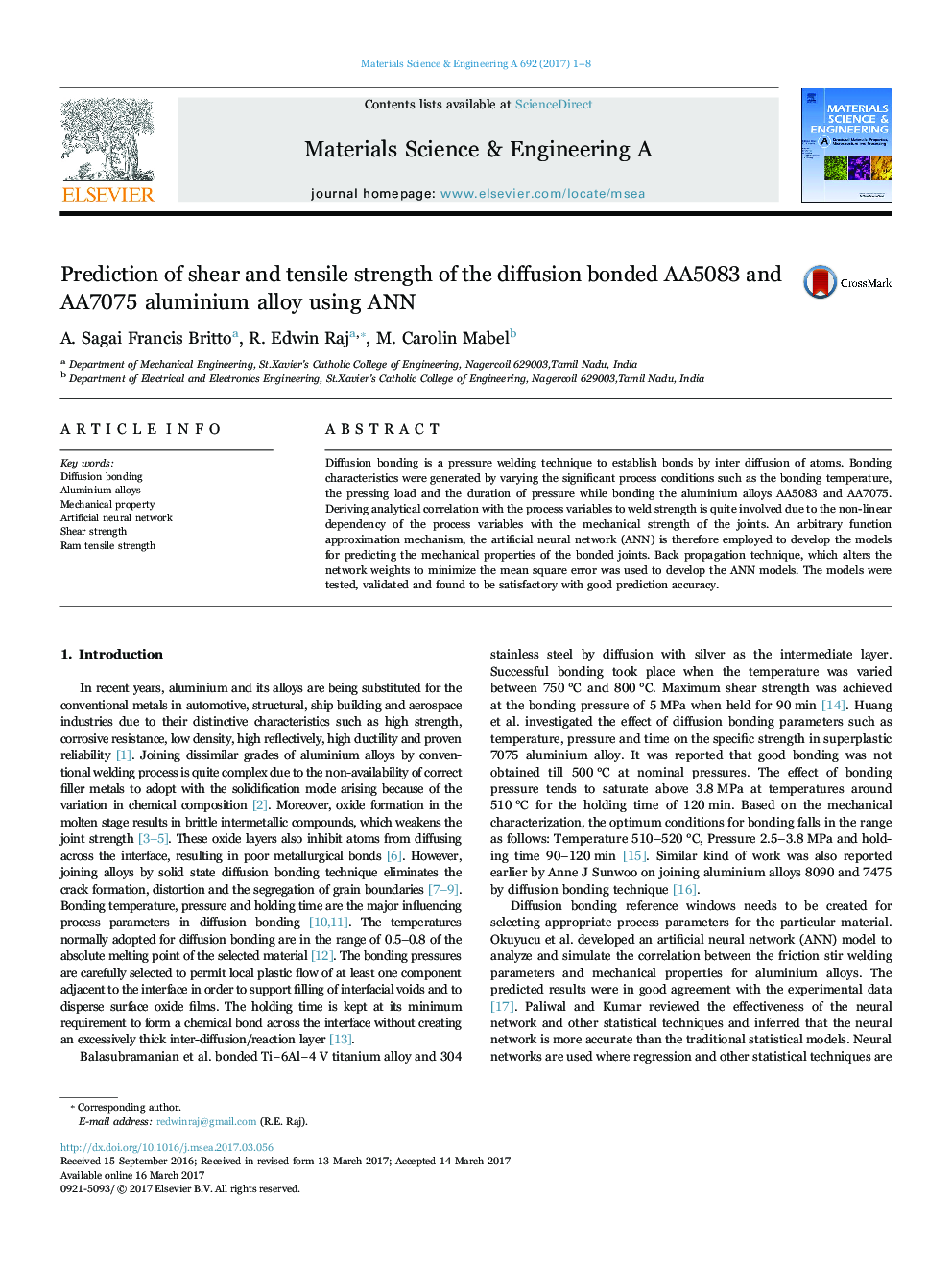 Prediction of shear and tensile strength of the diffusion bonded AA5083 and AA7075 aluminium alloy using ANN