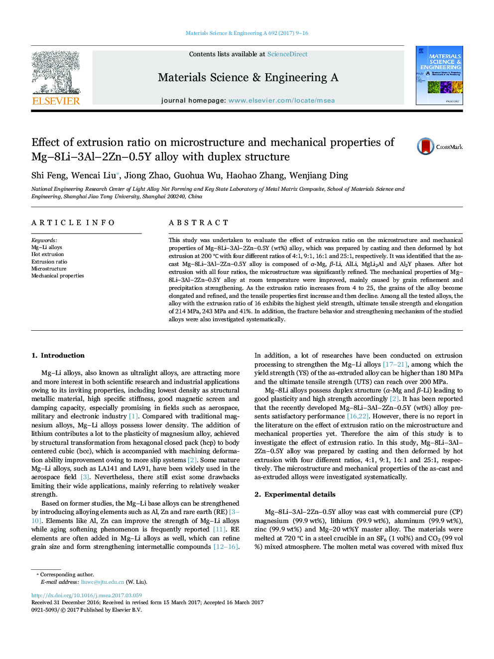 Effect of extrusion ratio on microstructure and mechanical properties of Mg-8Li-3Al-2Zn-0.5Y alloy with duplex structure