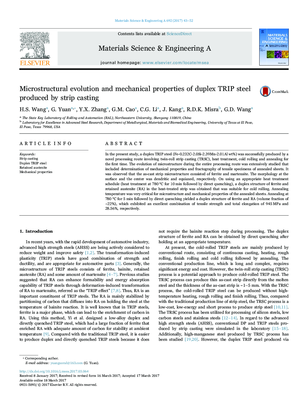 Microstructural evolution and mechanical properties of duplex TRIP steel produced by strip casting