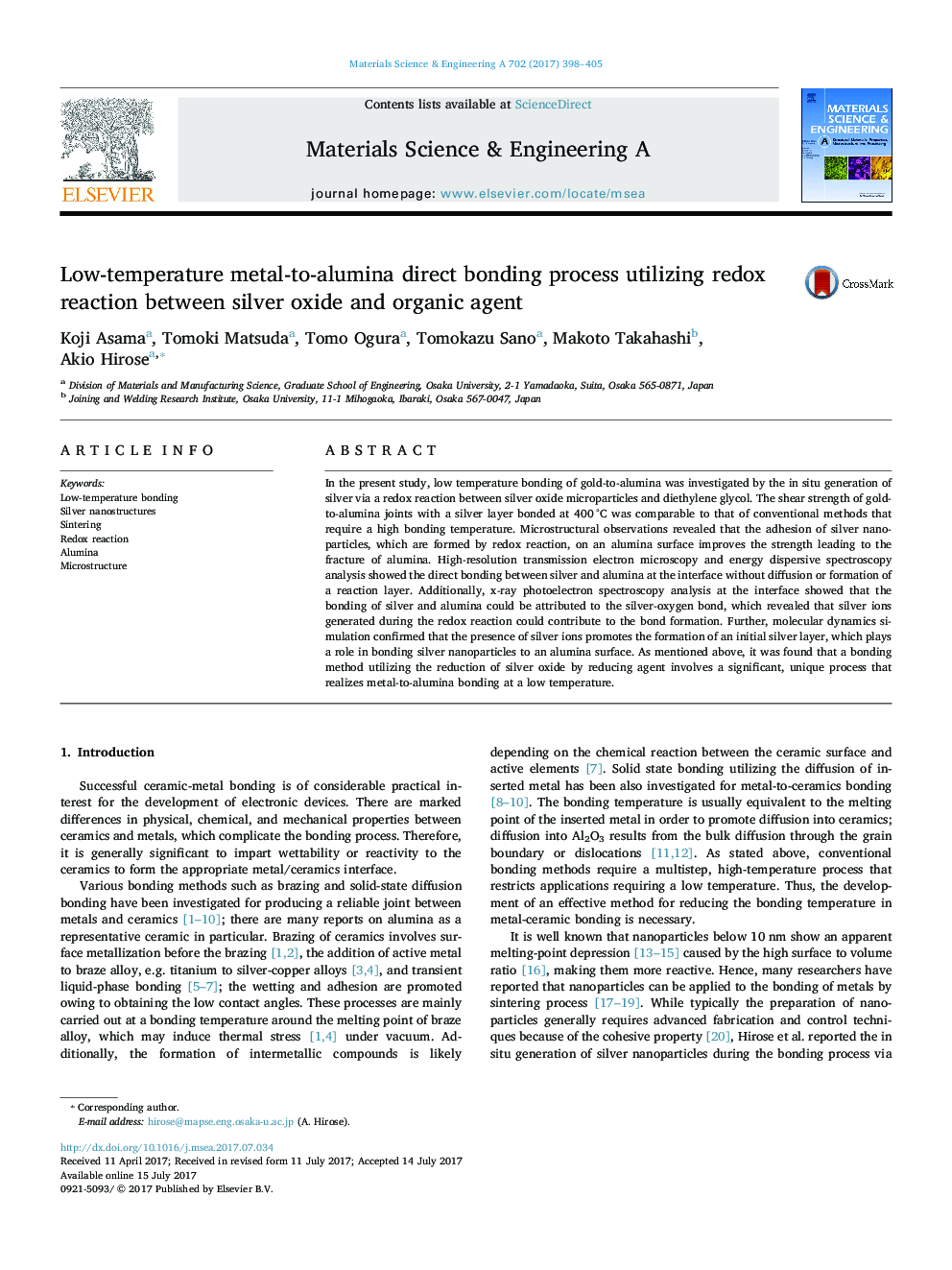 Low-temperature metal-to-alumina direct bonding process utilizing redox reaction between silver oxide and organic agent