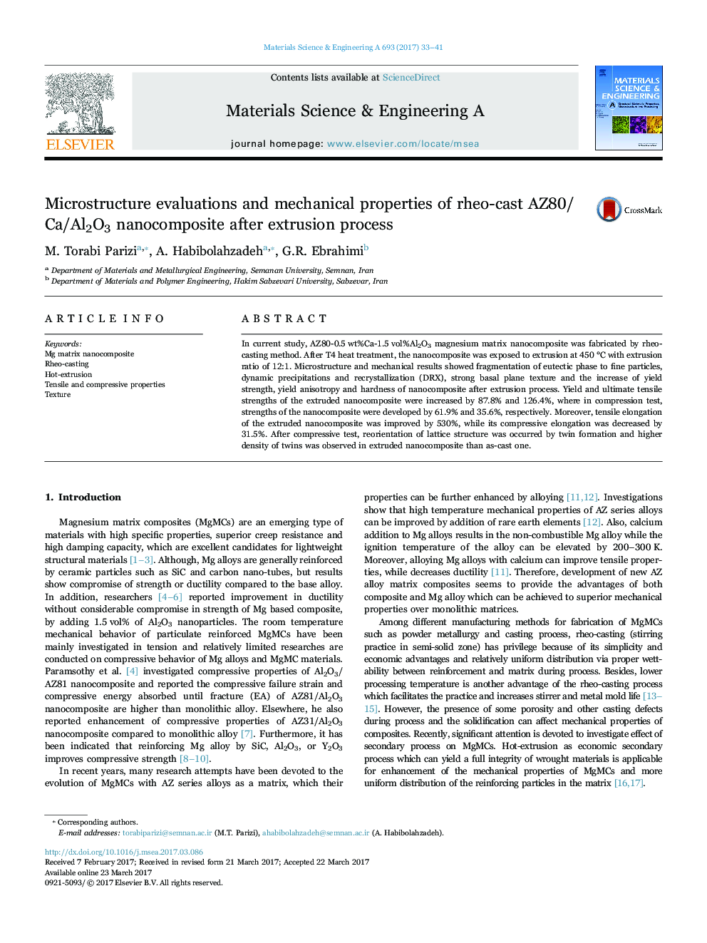 Microstructure evaluations and mechanical properties of rheo-cast AZ80/Ca/Al2O3 nanocomposite after extrusion process