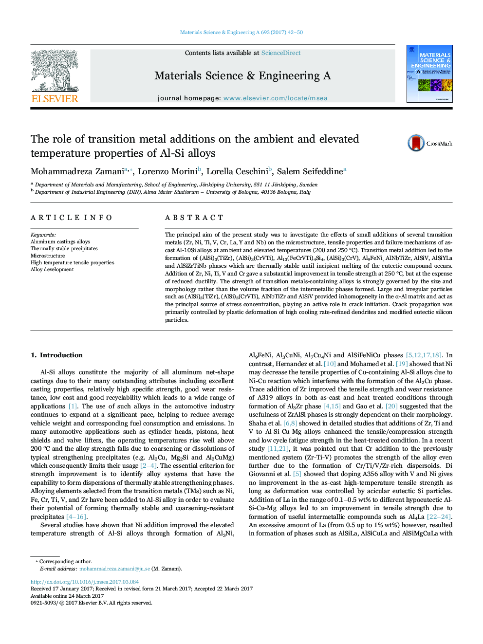 The role of transition metal additions on the ambient and elevated temperature properties of Al-Si alloys