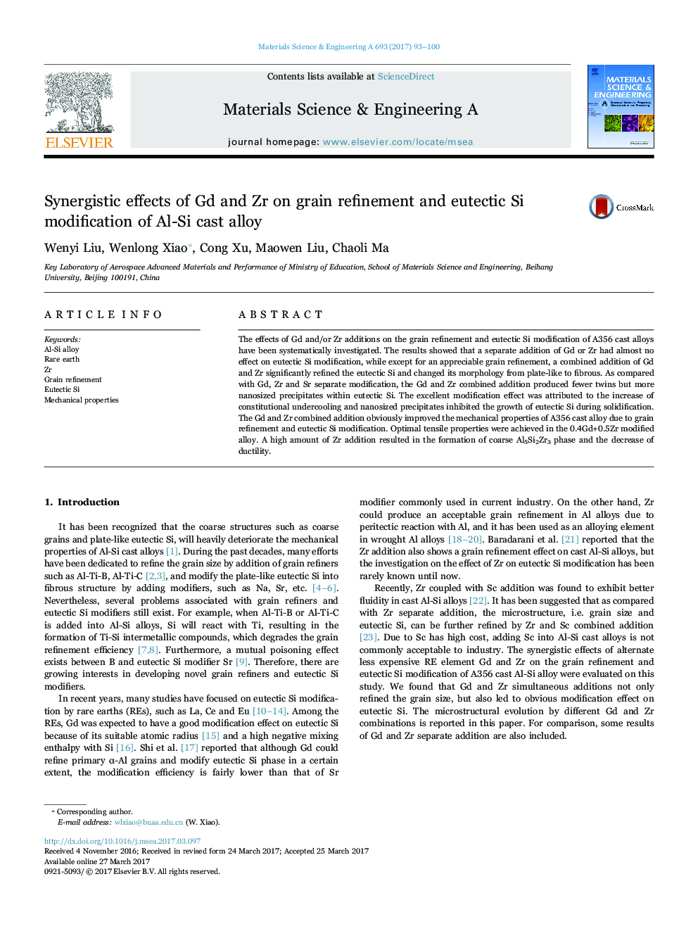 Synergistic effects of Gd and Zr on grain refinement and eutectic Si modification of Al-Si cast alloy