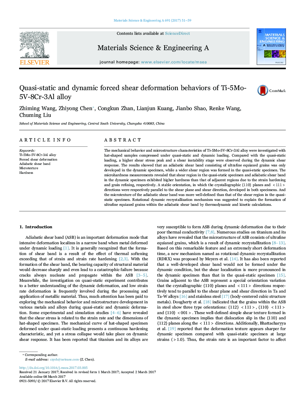 Quasi-static and dynamic forced shear deformation behaviors of Ti-5Mo-5V-8Cr-3Al alloy