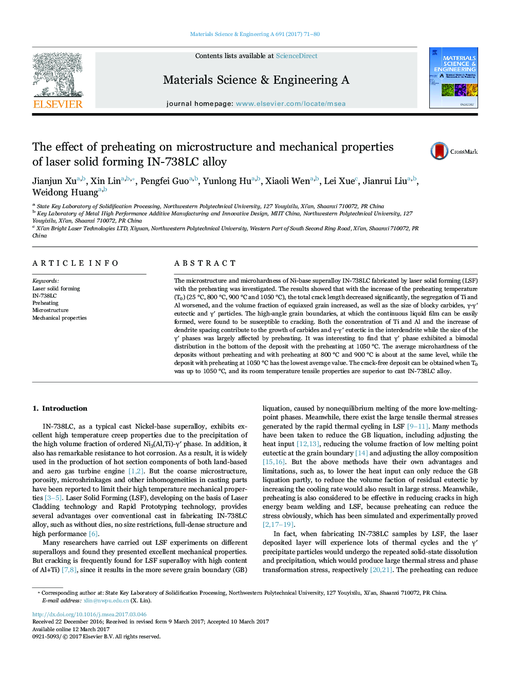 The effect of preheating on microstructure and mechanical properties of laser solid forming IN-738LC alloy