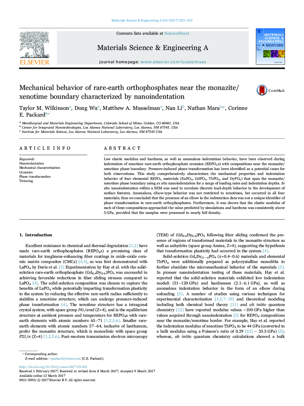 Mechanical behavior of rareâearth orthophosphates near the monazite/xenotime boundary characterized by nanoindentation