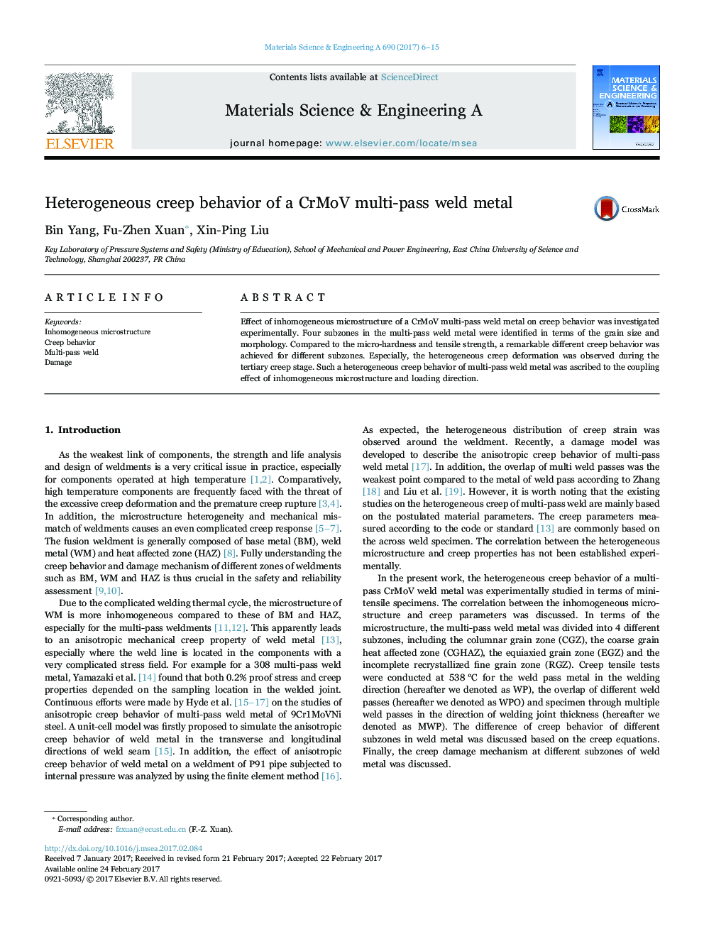 عکس صفحه اول مقاله: Heterogeneous creep behavior of a CrMoV multi-pass weld metal Heterogeneous creep behavior of a CrMoV multi-pass weld metal