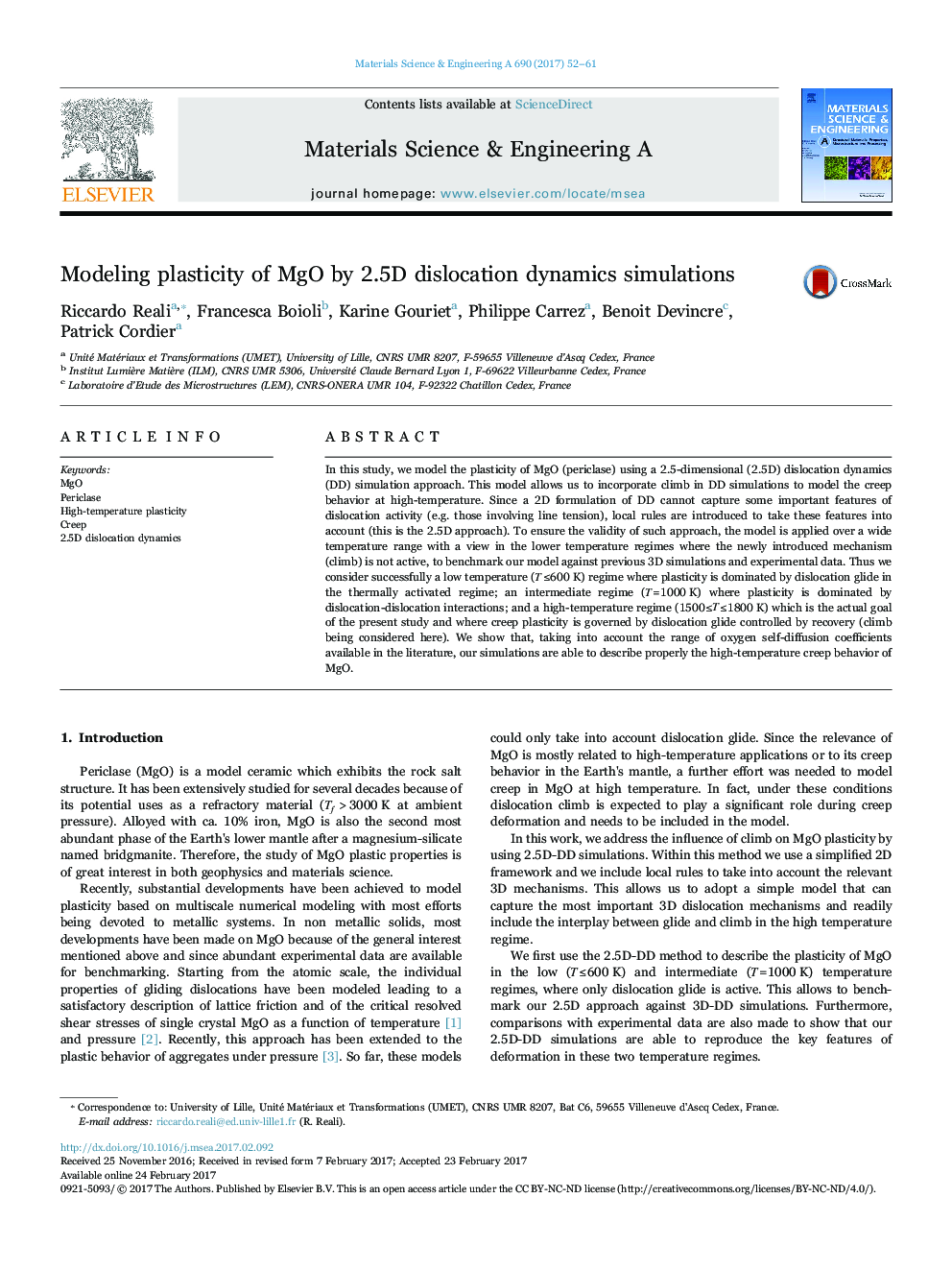 عکس صفحه اول مقاله: Modeling plasticity of MgO by 2.5D dislocation dynamics simulations Modeling plasticity of MgO by 2.5D dislocation dynamics simulations