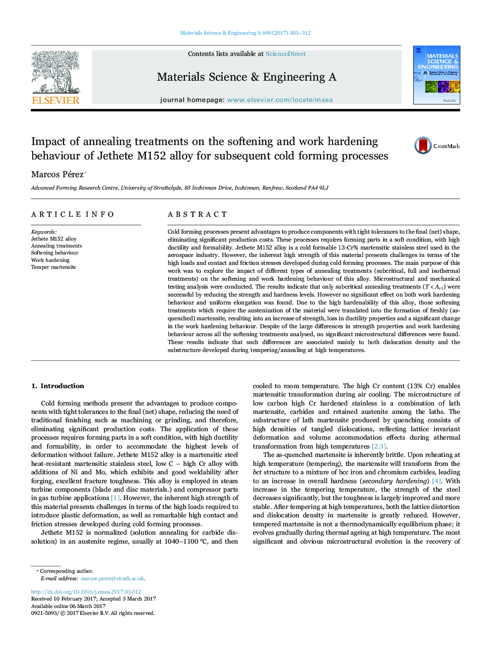 Impact of annealing treatments on the softening and work hardening behaviour of Jethete M152 alloy for subsequent cold forming processes