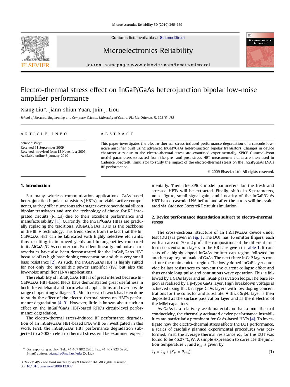 عکس صفحه اول مقاله: Electro-thermal stress effect on InGaP/GaAs heterojunction bipolar low-noise amplifier performance Electro-thermal stress effect on InGaP/GaAs heterojunction bipolar low-noise amplifier performance