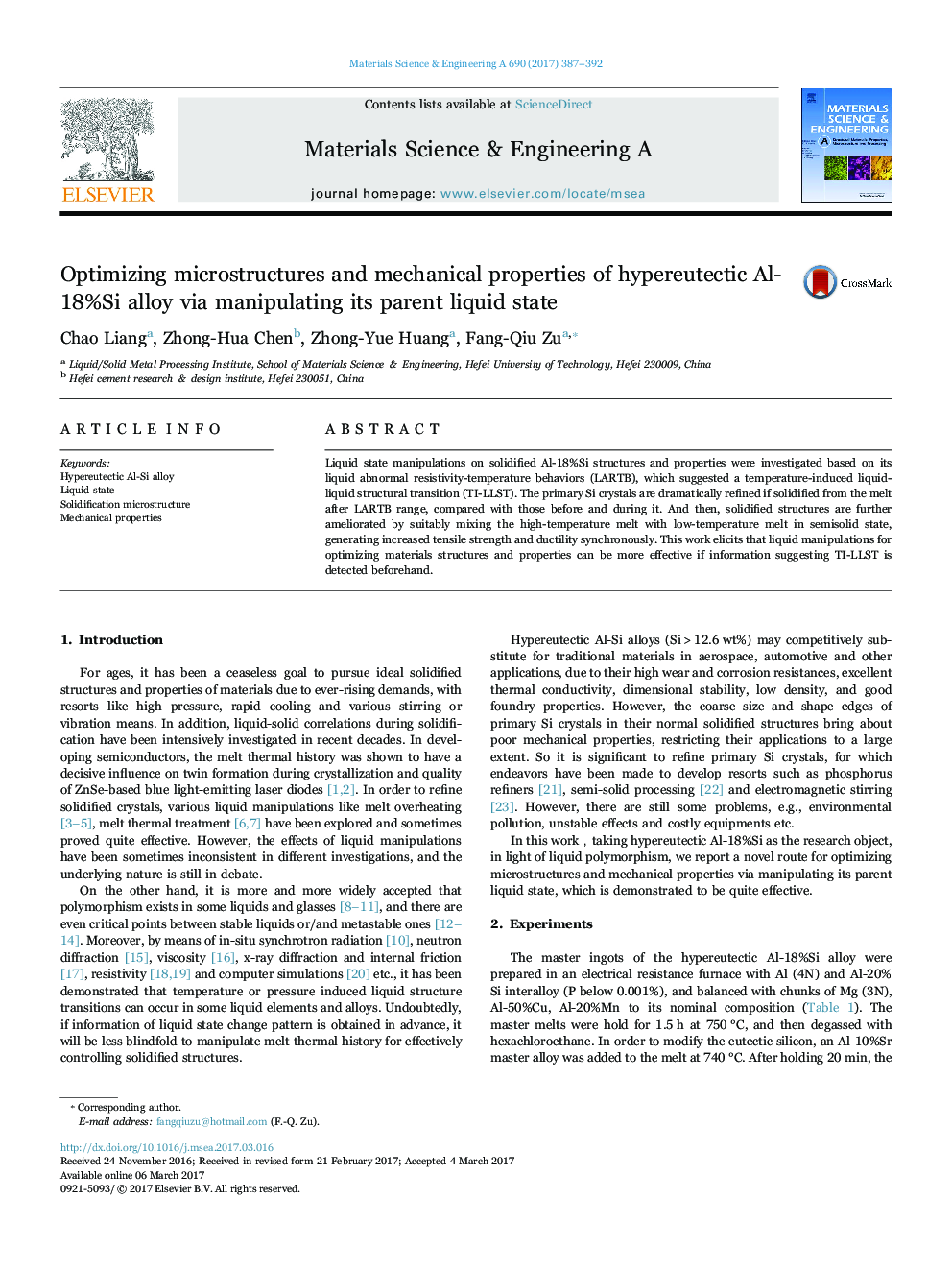 Optimizing microstructures and mechanical properties of hypereutectic Al-18%Si alloy via manipulating its parent liquid state