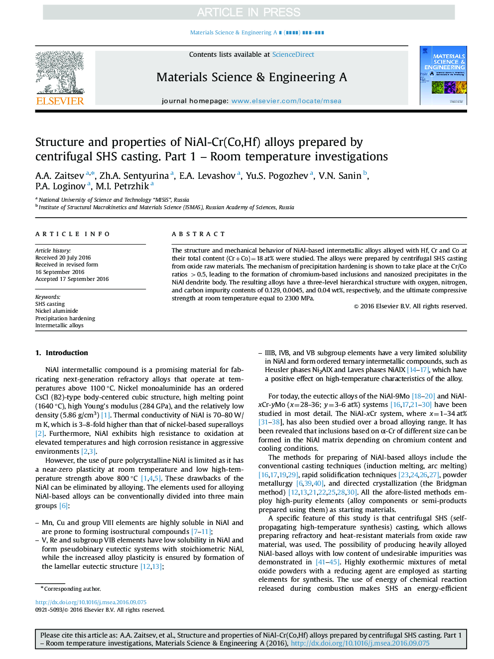 Structure and properties of NiAl-Cr(Co,Hf) alloys prepared by centrifugal SHS casting. Part 1 - Room temperature investigations