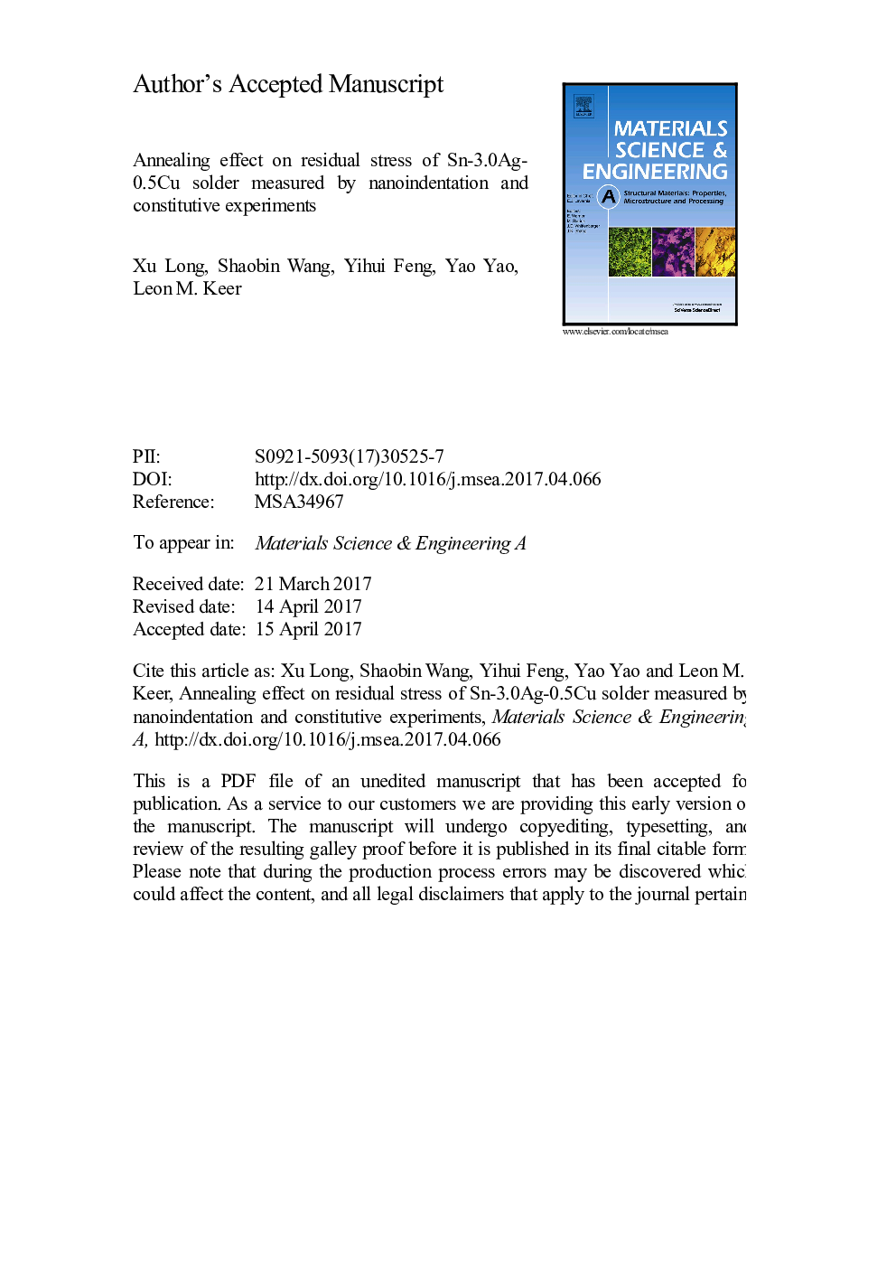 Annealing effect on residual stress of Sn-3.0Ag-0.5Cu solder measured by nanoindentation and constitutive experiments