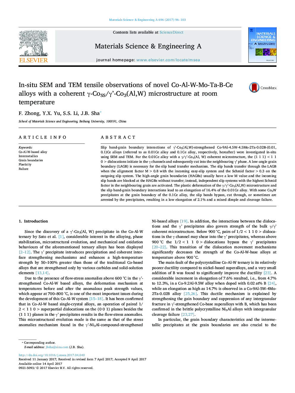 In-situ SEM and TEM tensile observations of novel Co-Al-W-Mo-Ta-B-Ce alloys with a coherent Î³-CoSS/Î³'-Co3(Al,W) microstructure at room temperature