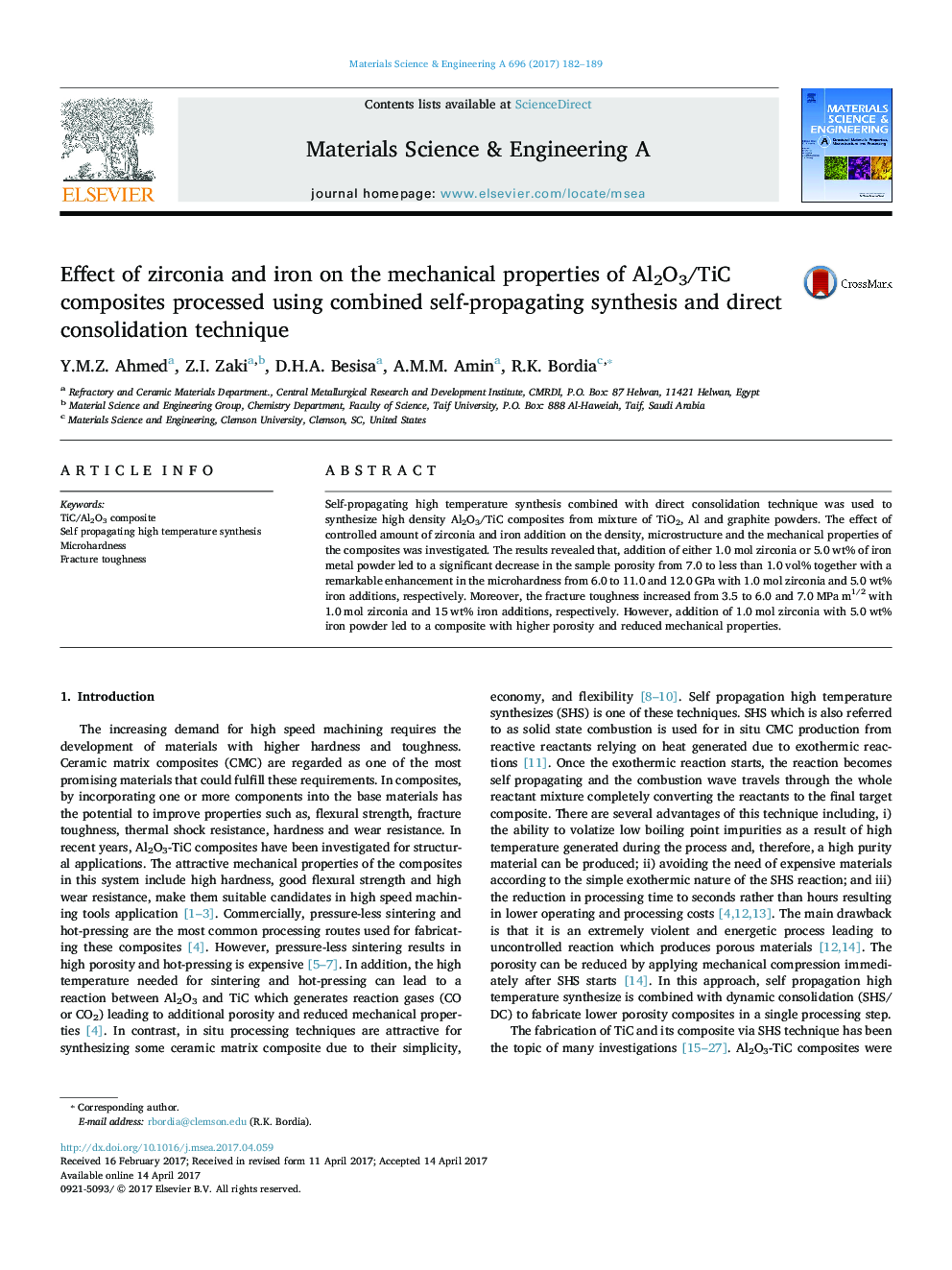 Effect of zirconia and iron on the mechanical properties of Al2O3/TiC composites processed using combined self-propagating synthesis and direct consolidation technique