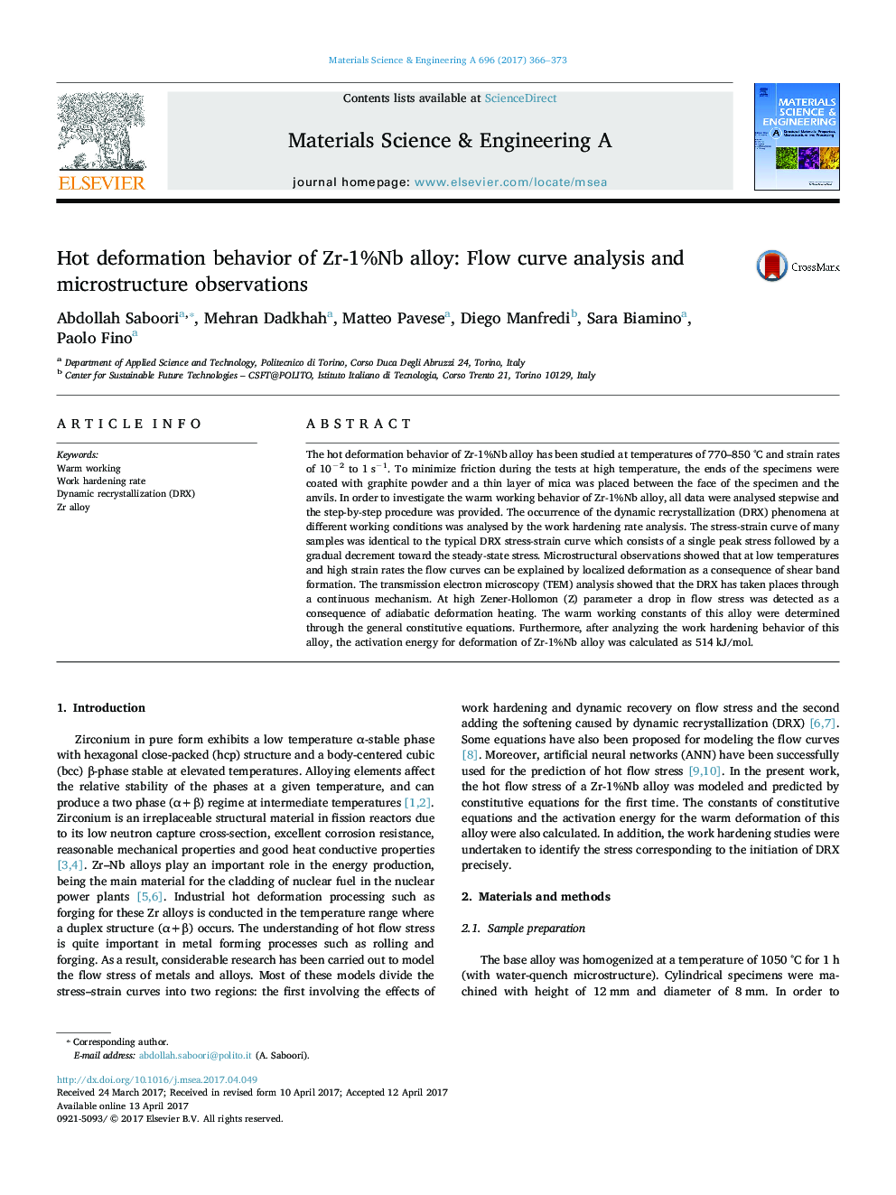 Hot deformation behavior of Zr-1%Nb alloy: Flow curve analysis and microstructure observations