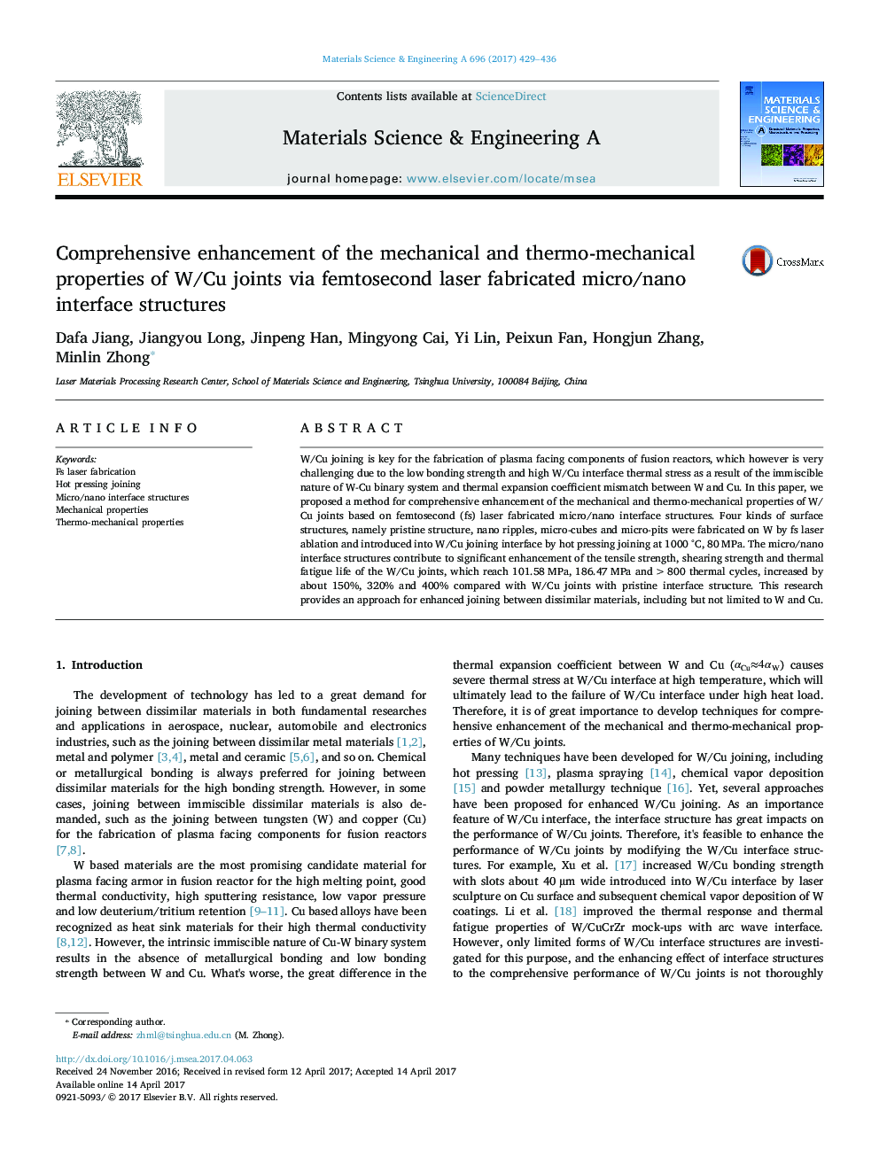 Comprehensive enhancement of the mechanical and thermo-mechanical properties of W/Cu joints via femtosecond laser fabricated micro/nano interface structures