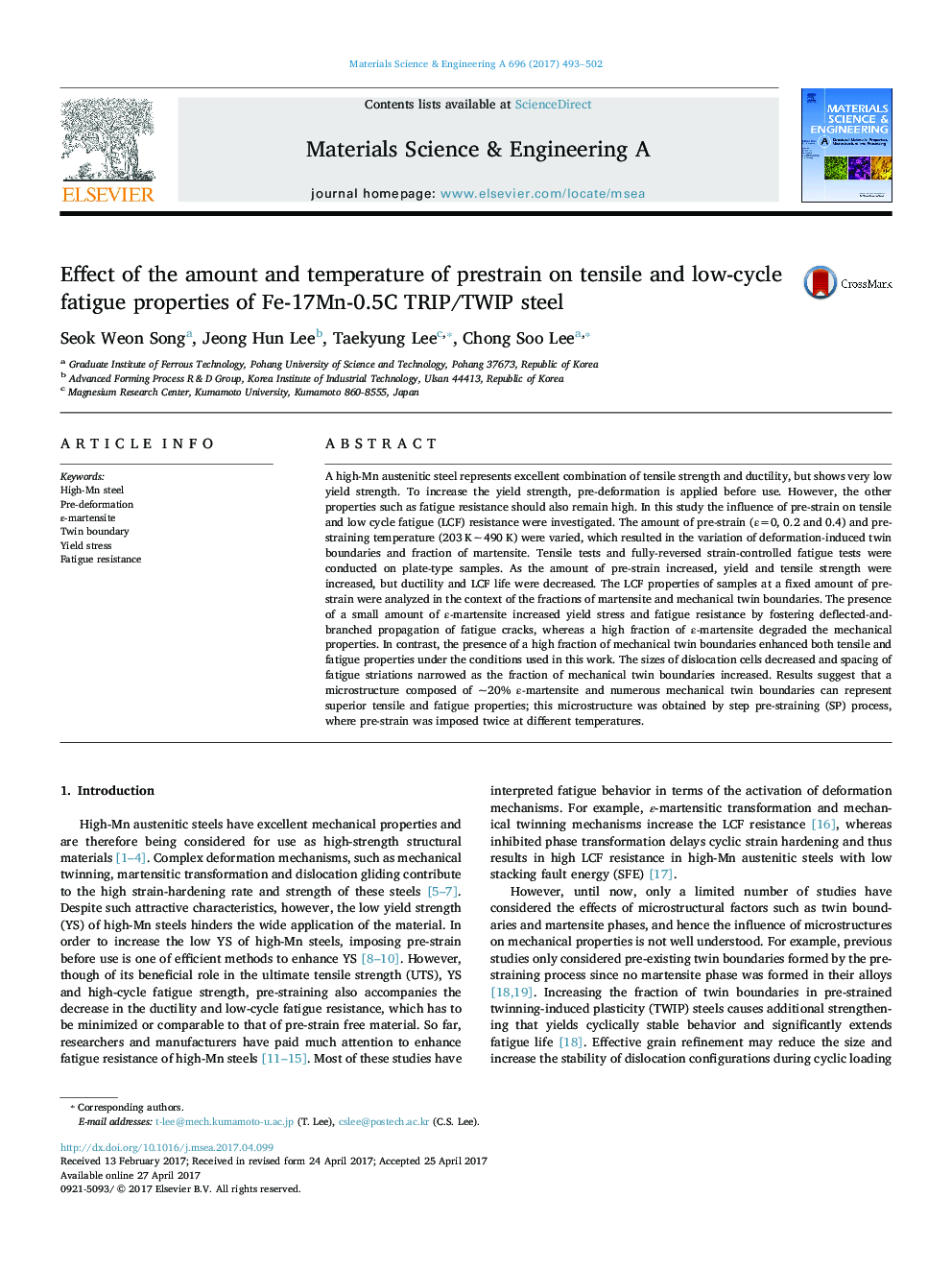 Effect of the amount and temperature of prestrain on tensile and low-cycle fatigue properties of Fe-17Mn-0.5C TRIP/TWIP steel