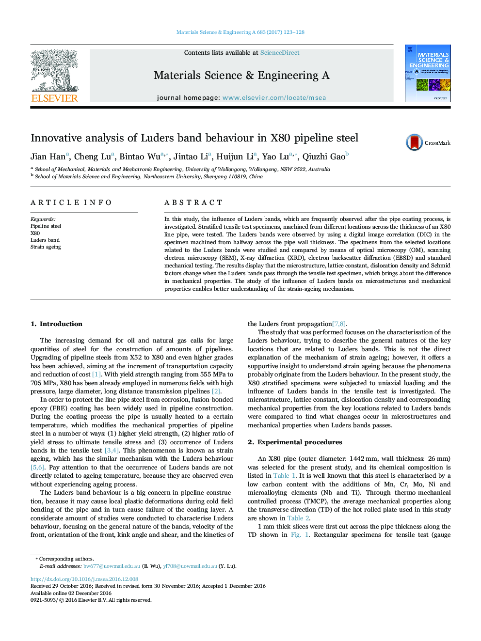 عکس صفحه اول مقاله: Innovative analysis of Luders band behaviour in X80 pipeline steel Innovative analysis of Luders band behaviour in X80 pipeline steel