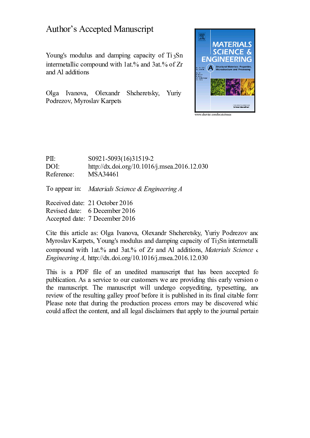 Young's modulus and damping capacity of Ti3Sn intermetallic compound with 1Â at% and 3Â at% of Zr and Al additions