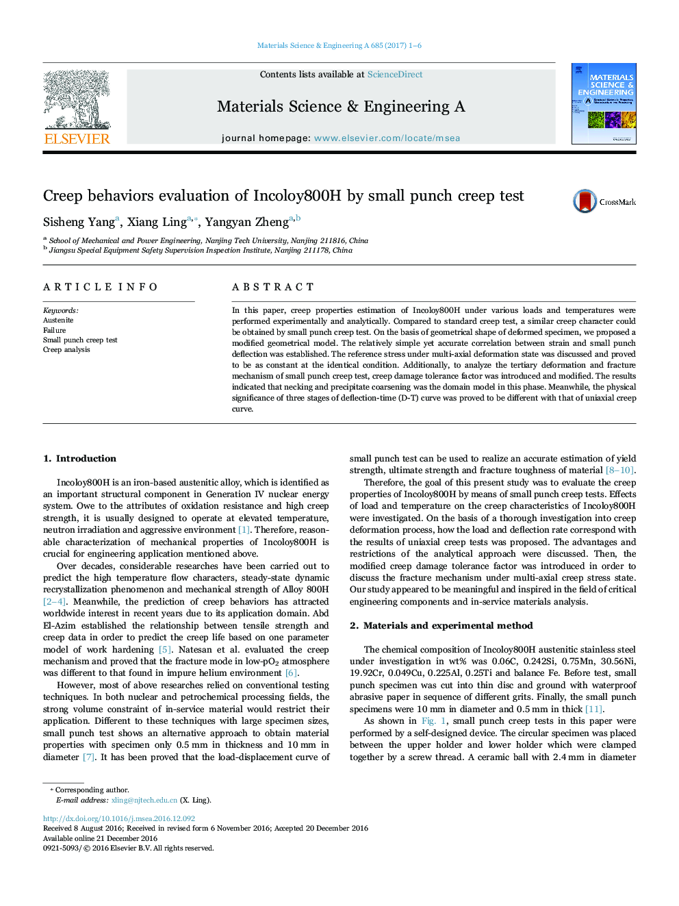 Creep behaviors evaluation of Incoloy800H by small punch creep test