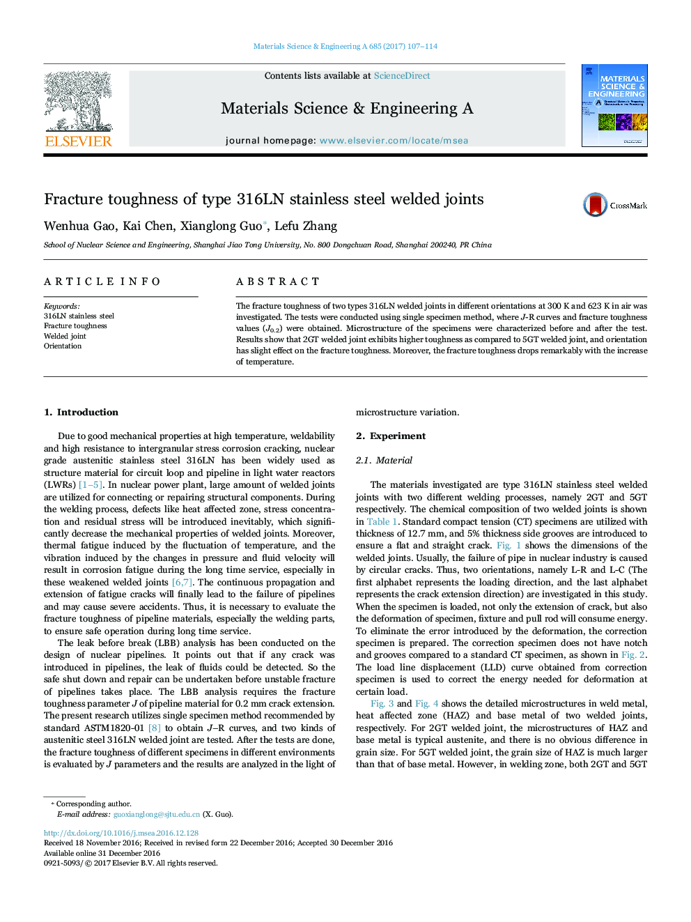 Fracture toughness of type 316LN stainless steel welded joints