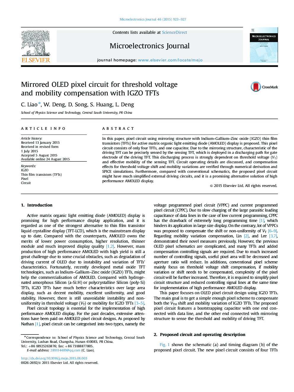 Mirrored OLED pixel circuit for threshold voltage and mobility compensation with IGZO TFTs