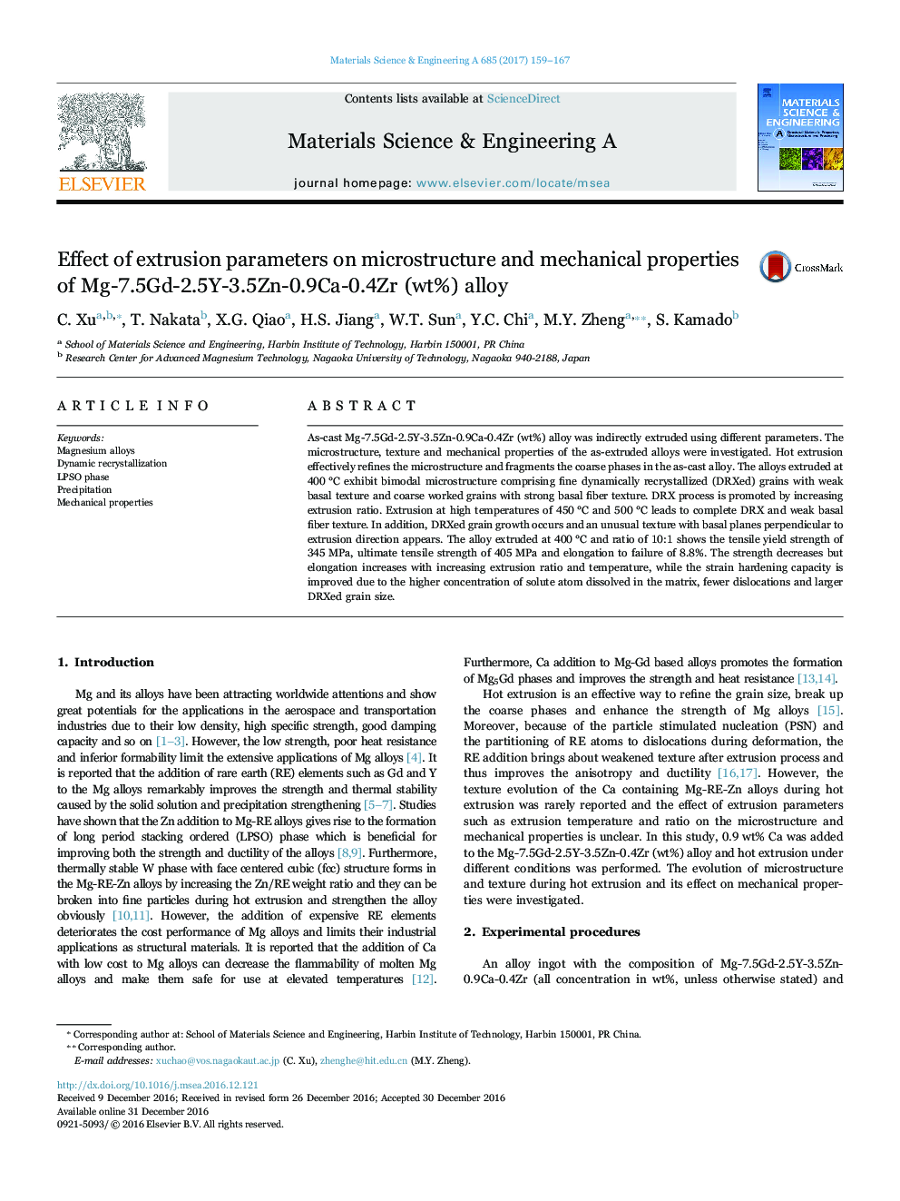 Effect of extrusion parameters on microstructure and mechanical properties of Mg-7.5Gd-2.5Y-3.5Zn-0.9Ca-0.4Zr (wt%) alloy