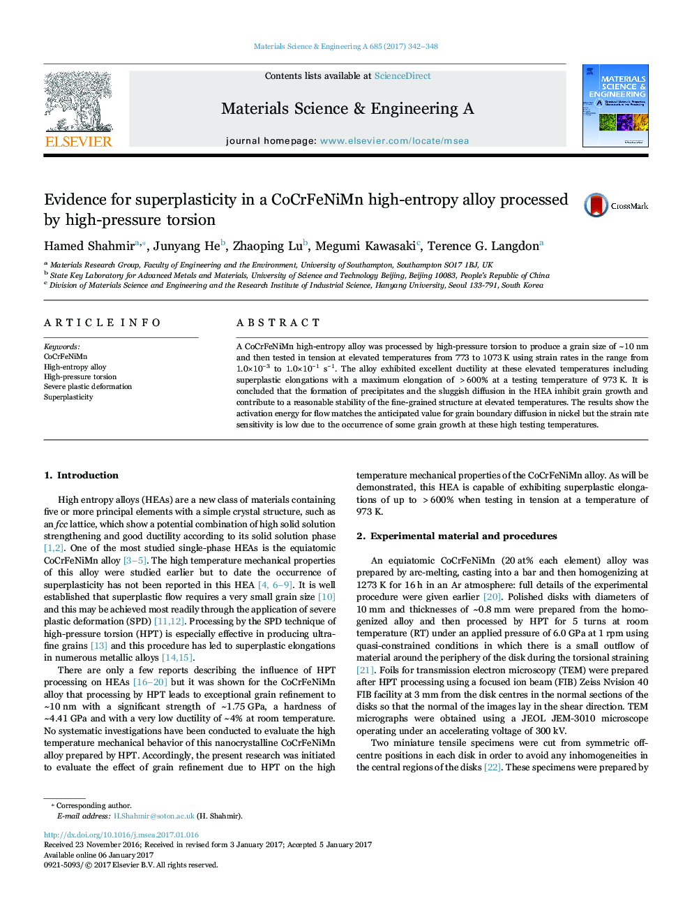 Evidence for superplasticity in a CoCrFeNiMn high-entropy alloy processed by high-pressure torsion