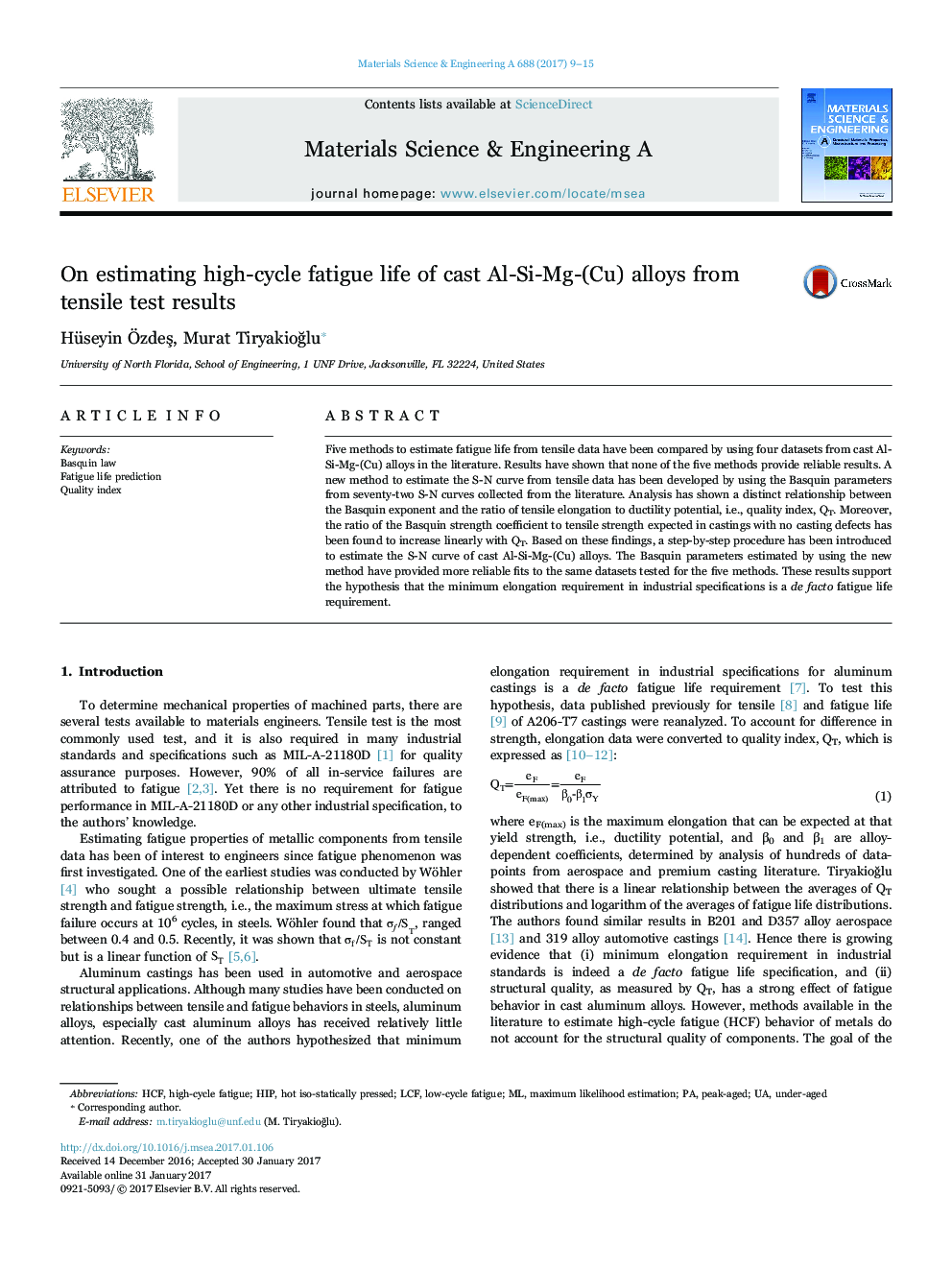 On estimating high-cycle fatigue life of cast Al-Si-Mg-(Cu) alloys from tensile test results