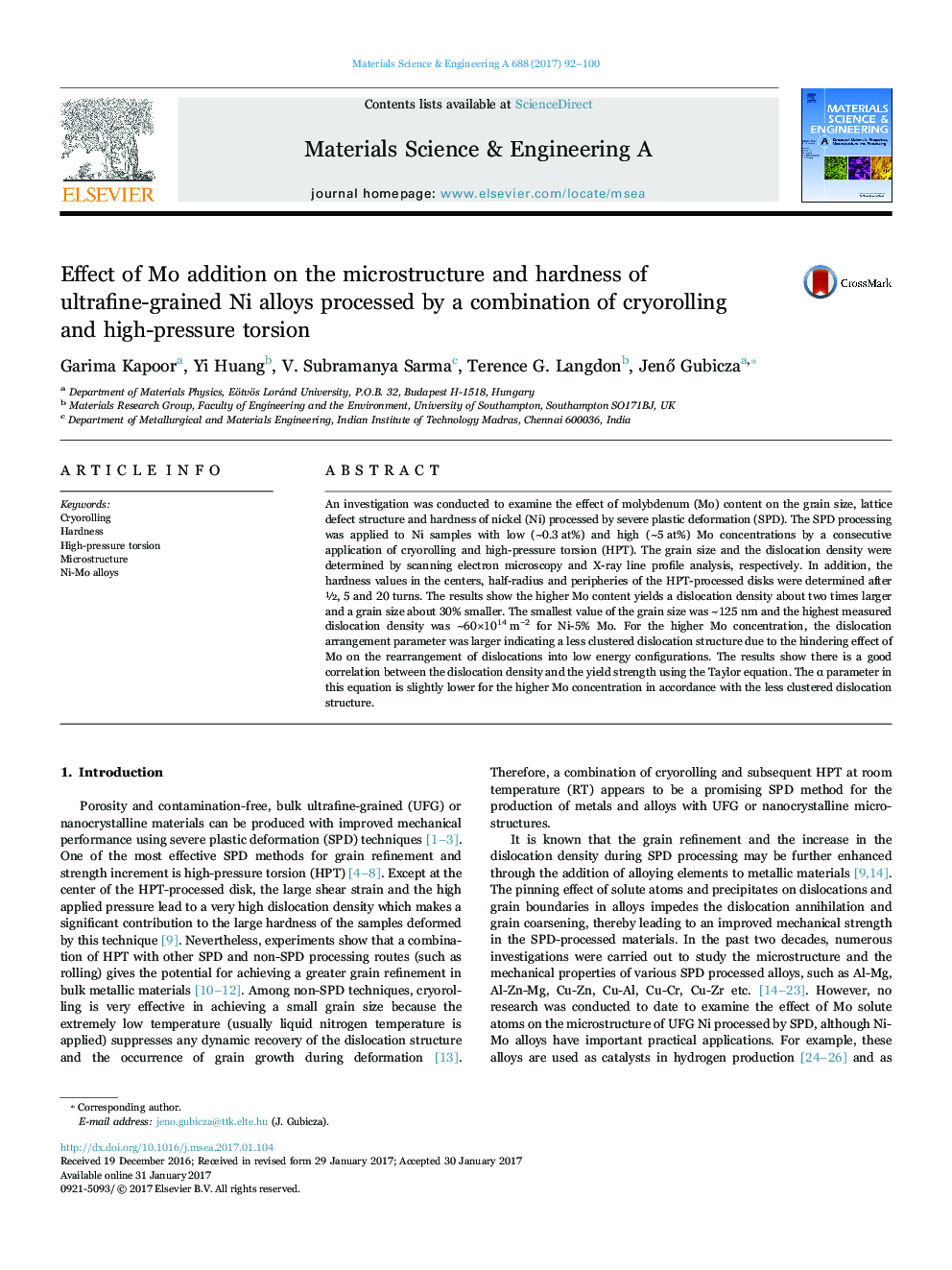 Effect of Mo addition on the microstructure and hardness of ultrafine-grained Ni alloys processed by a combination of cryorolling and high-pressure torsion