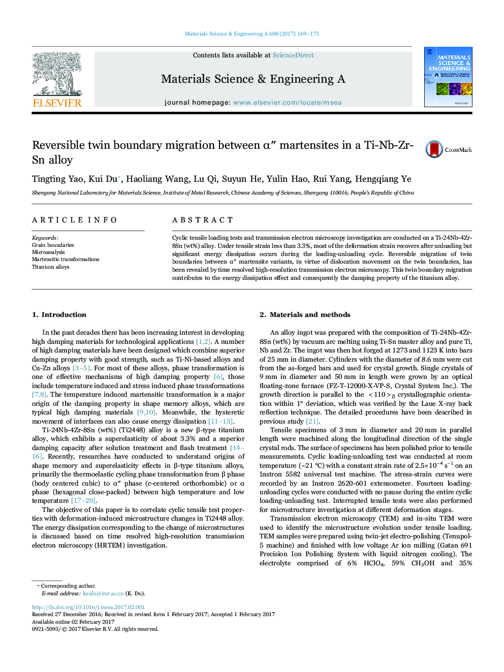 Reversible twin boundary migration between Î±â³ martensites in a Ti-Nb-Zr-Sn alloy