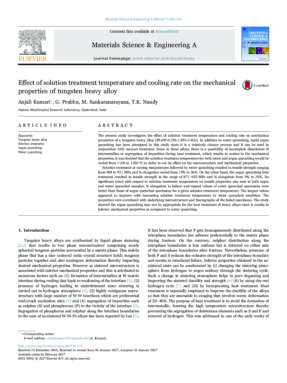 Effect of solution treatment temperature and cooling rate on the mechanical properties of tungsten heavy alloy