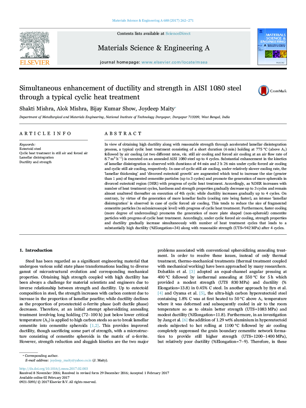 Simultaneous enhancement of ductility and strength in AISI 1080 steel through a typical cyclic heat treatment