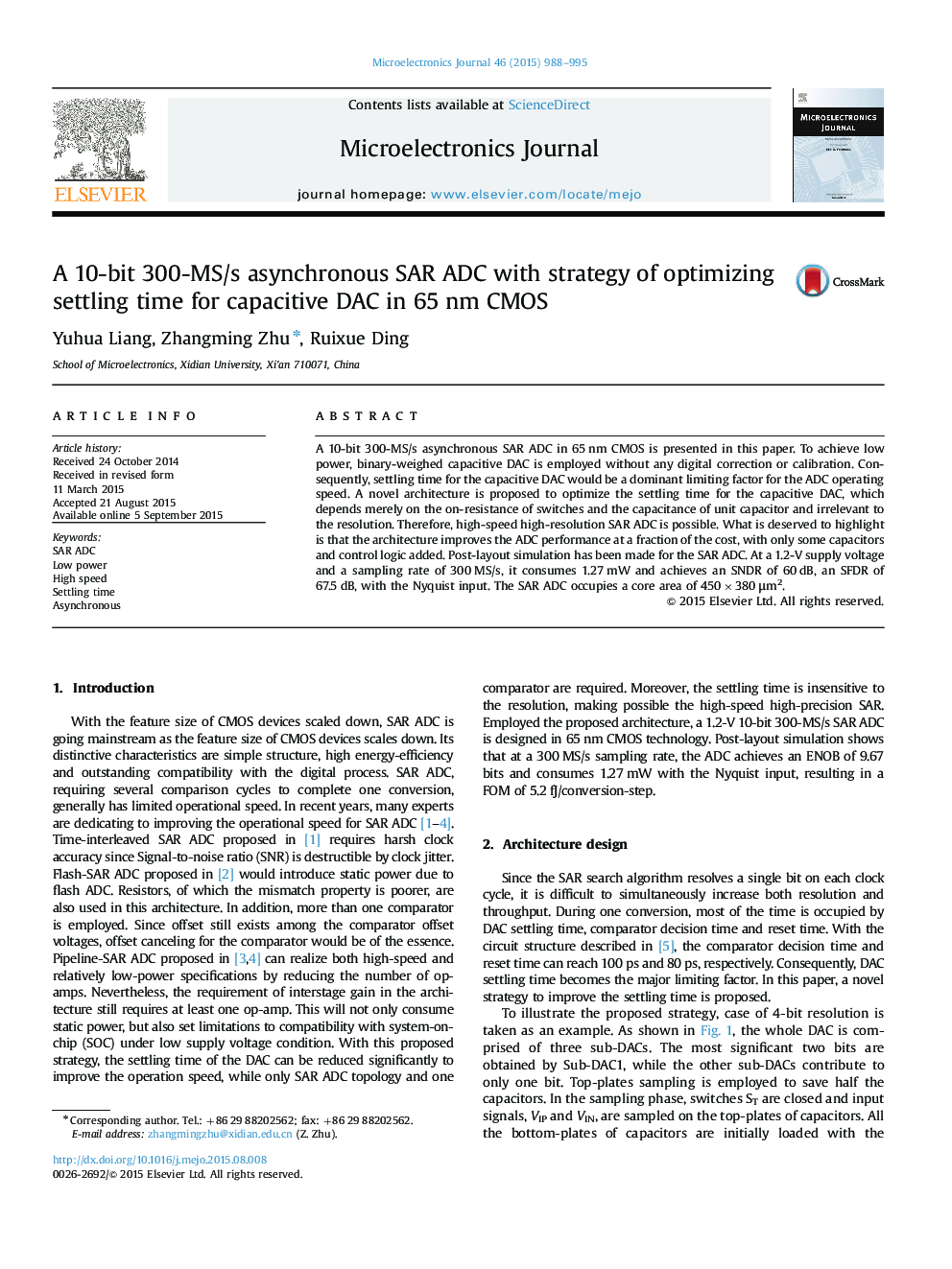 عکس صفحه اول مقاله: A 10-bit 300-MS/s asynchronous SAR ADC with strategy of optimizing settling time for capacitive DAC in 65 nm CMOS A 10-bit 300-MS/s asynchronous SAR ADC with strategy of optimizing settling time for capacitive DAC in 65 nm CMOS