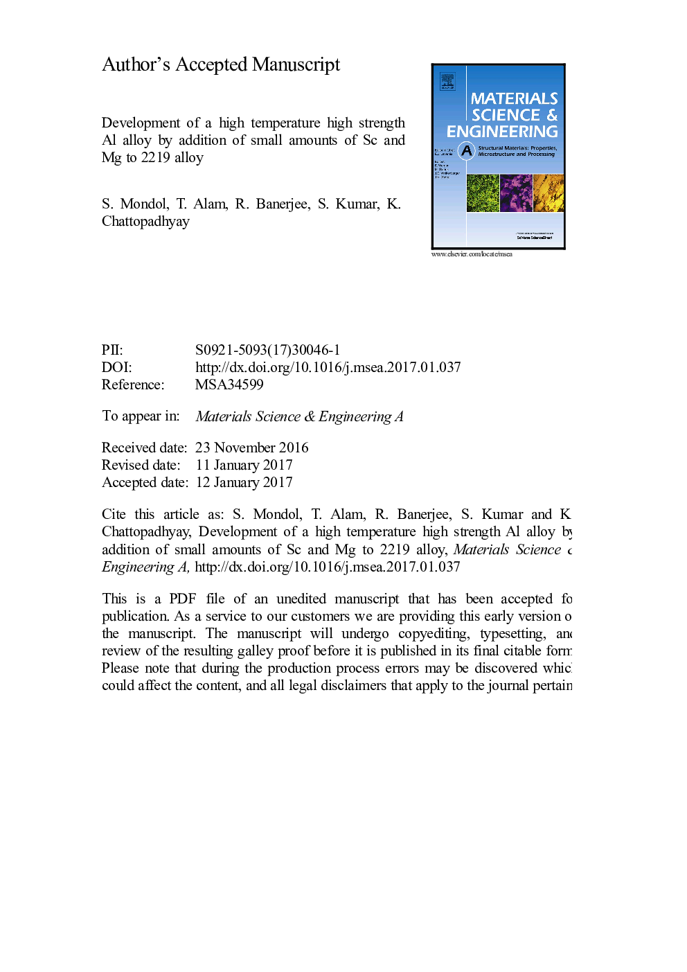 Development of a high temperature high strength Al alloy by addition of small amounts of Sc and Mg to 2219 alloy