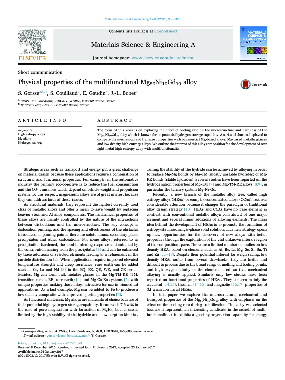 Physical properties of the multifunctional Mg80Ni10Gd10 alloy