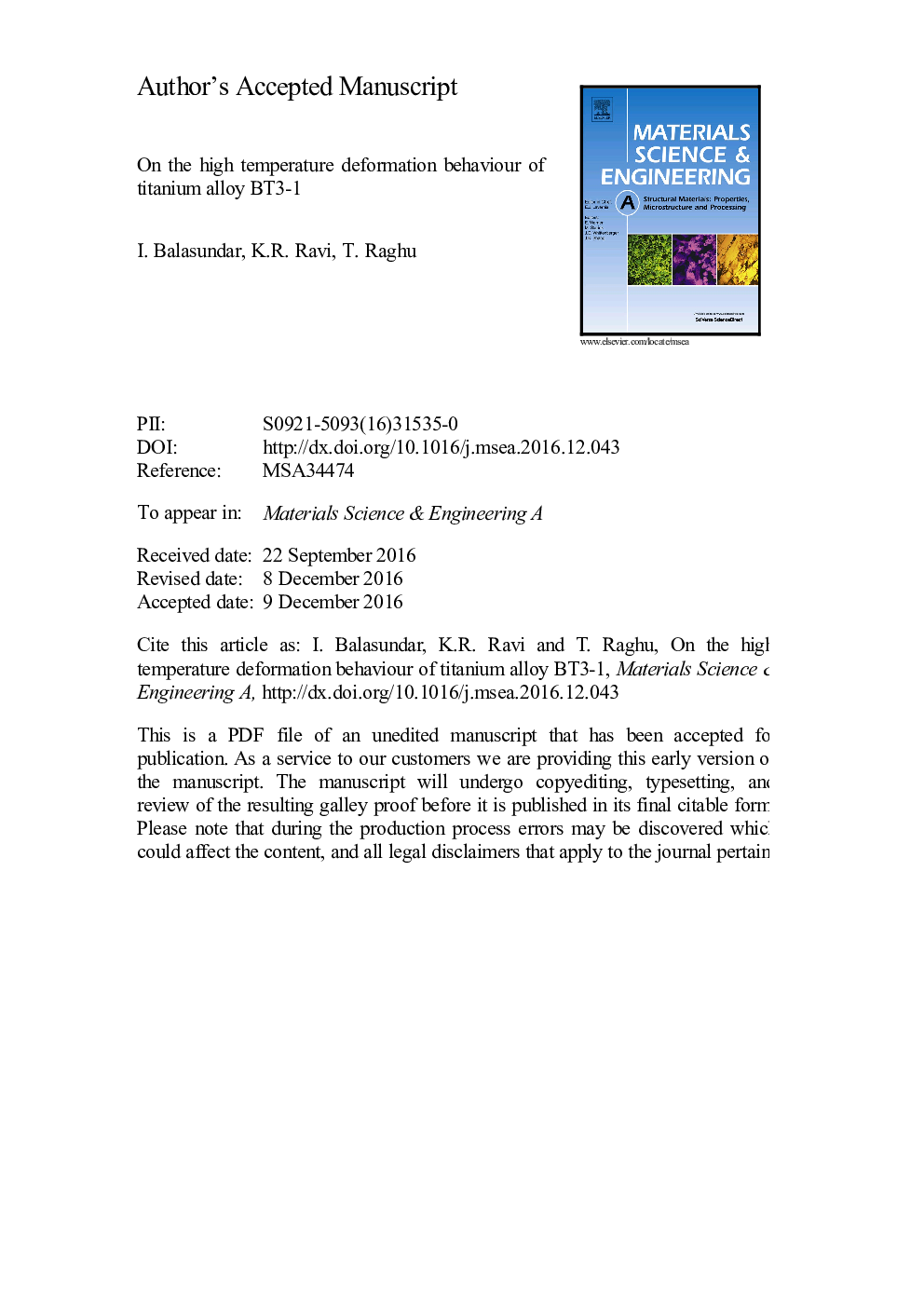 عکس صفحه اول مقاله: On the high temperature deformation behaviour of titanium alloy BT3-1 On the high temperature deformation behaviour of titanium alloy BT3-1