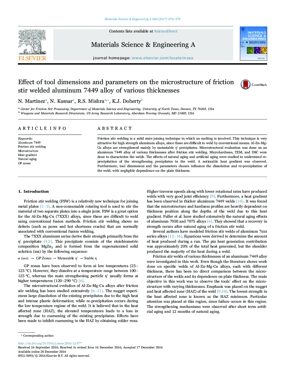 Effect of tool dimensions and parameters on the microstructure of friction stir welded aluminum 7449 alloy of various thicknesses