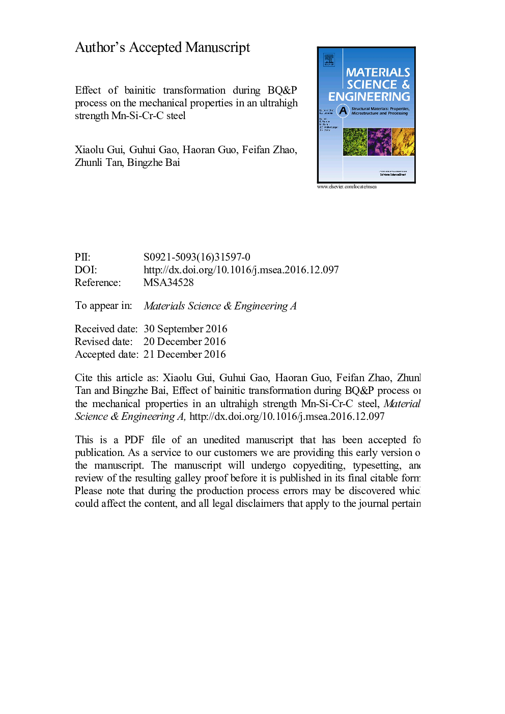 Effect of bainitic transformation during BQ&P process on the mechanical properties in an ultrahigh strength Mn-Si-Cr-C steel