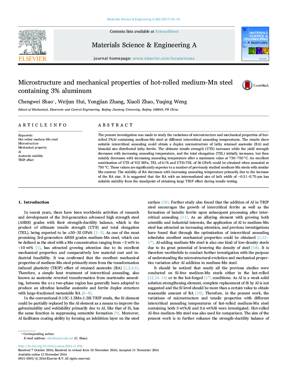 Microstructure and mechanical properties of hot-rolled medium-Mn steel containing 3% aluminum