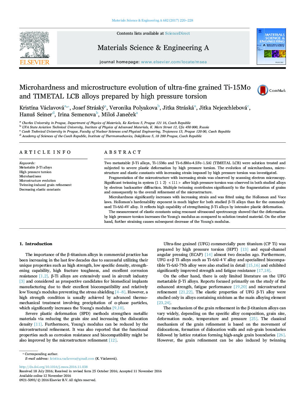 Microhardness and microstructure evolution of ultra-fine grained Ti-15Mo and TIMETAL LCB alloys prepared by high pressure torsion