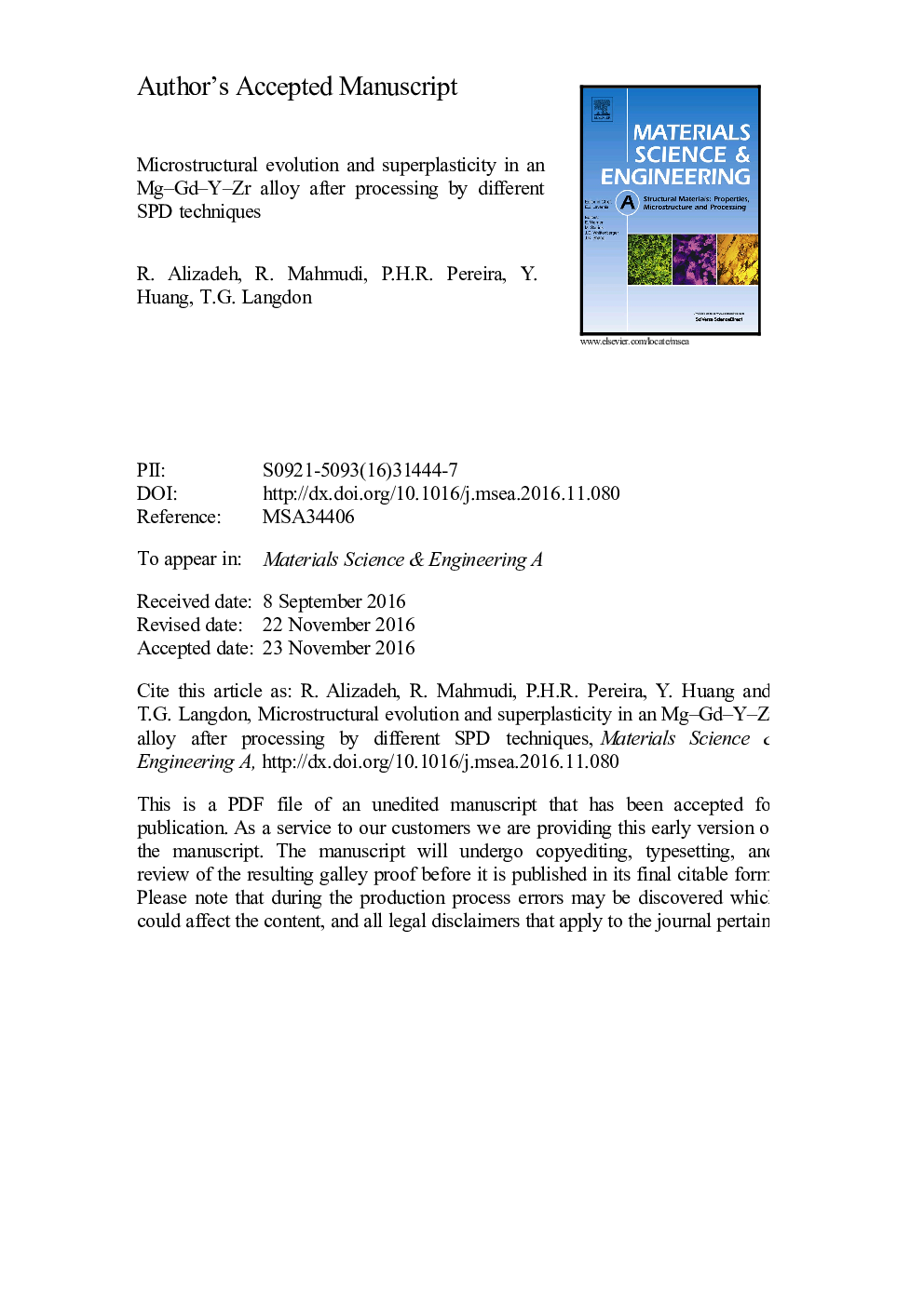 Microstructural evolution and superplasticity in an Mg-Gd-Y-Zr alloy after processing by different SPD techniques